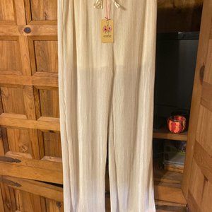 Entra silky white pants, pull up, (L) with lined top and flared bottoms